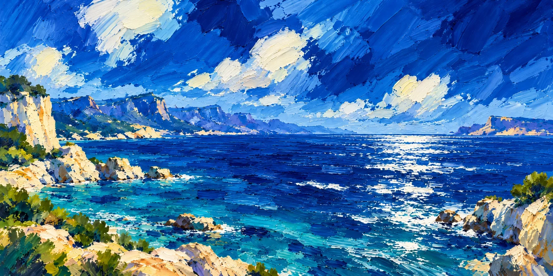 Pintura de una cala mediterránea: acantilados claros, agua turquesa y cielo de nubes.